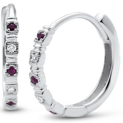 <span>GEMSTONE CLOSEOUT </span>! .10ct G SI 14k White Gold Diamond & Ruby Hoop Huggie Earrings
